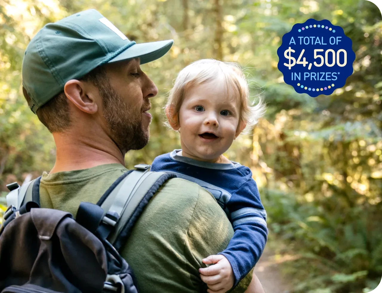 Man wearing backpack and holding a child and A total of $4,500 in prizes