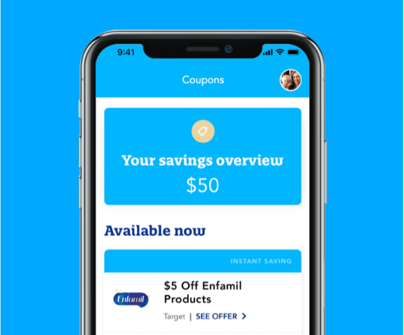 Enfamil Mobile App showcasing rebates with coupons cash back and instant savings