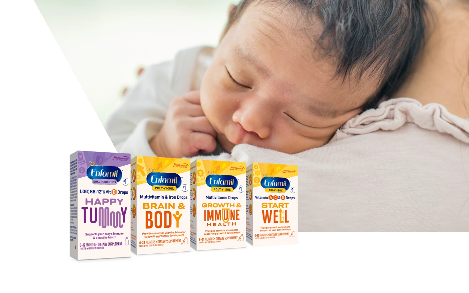 Baby Vitamins and Probiotics lineup, baby sleeping on parent's shoulder