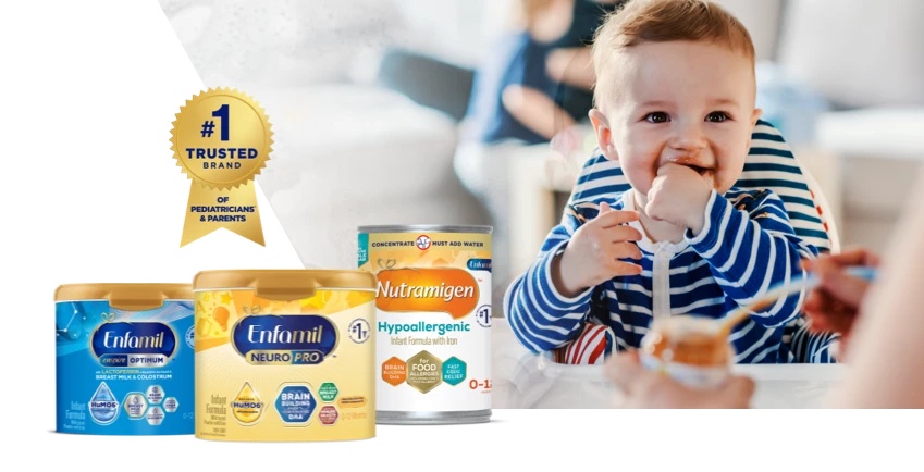 Smiling infant and a lineup of of Enfamil's Infant formulas that are the #1 trusted brand of pediatricians and parents
