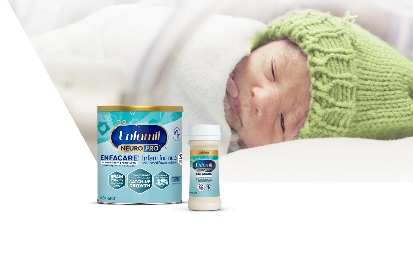 Premature baby swaddled in a blanket and a showcase of the Enfamil® NeuroPro™ EnfaCare® product lineup