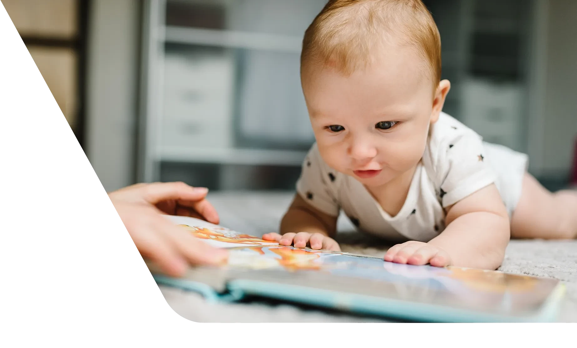 Baby looking at a colorful book with parent nearby