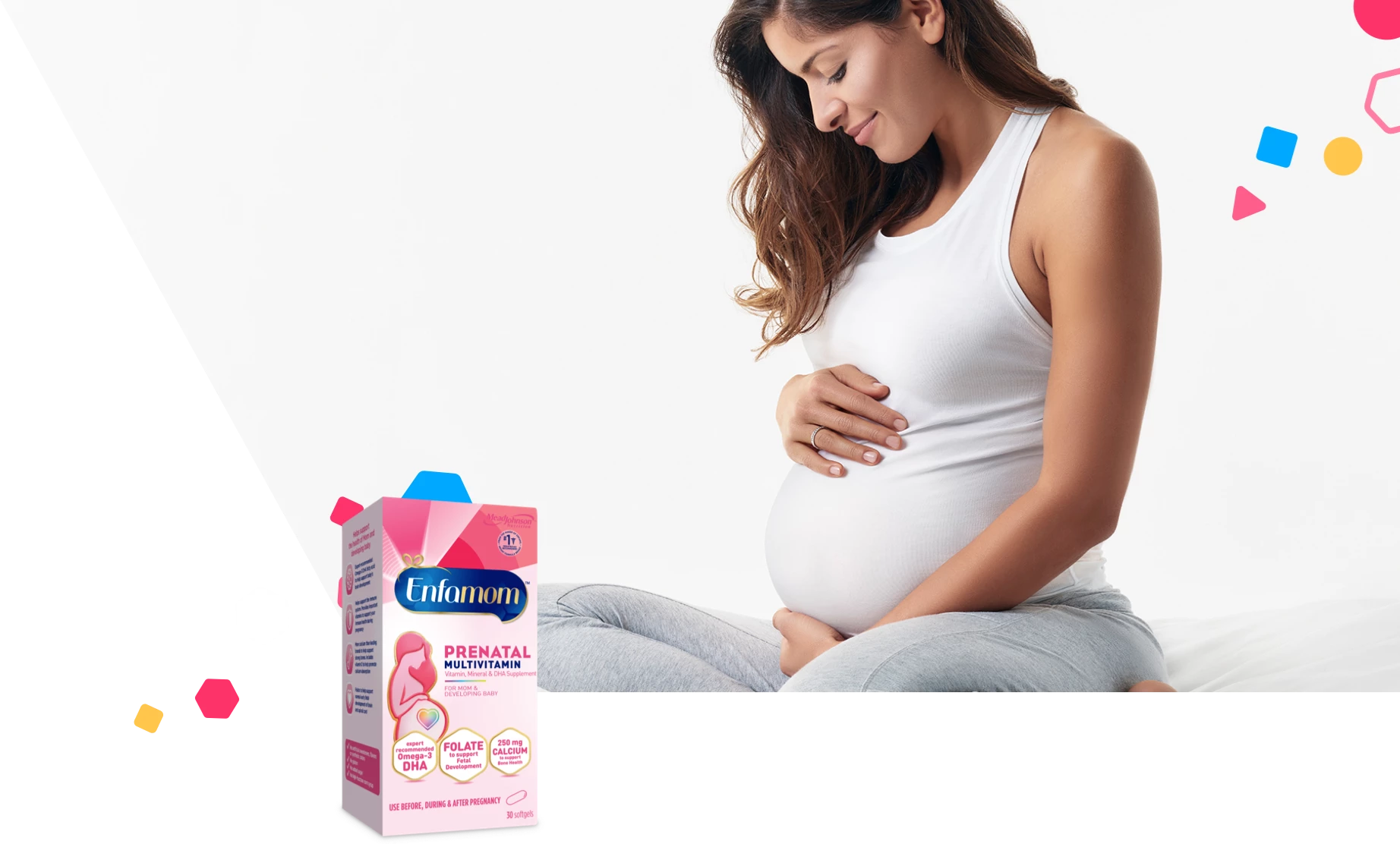 Women holding pregnant belly next to Enfamom™ Prenatal Vitamins