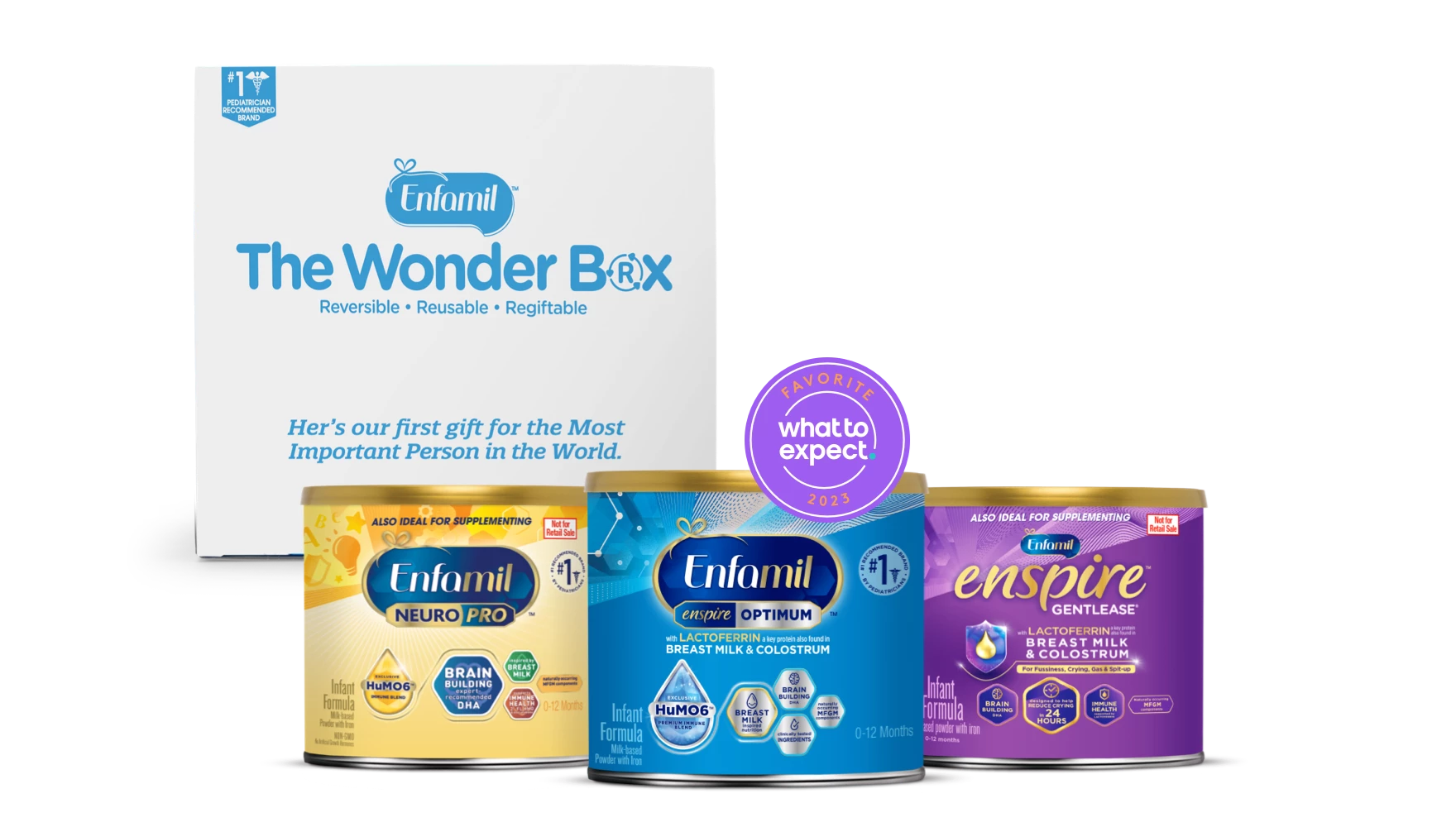 Enfamil Wonder Box and a lineup of sample cans