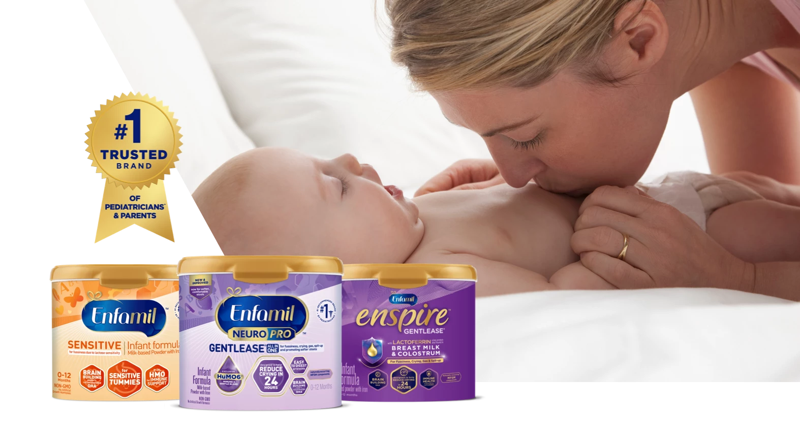 Formula for Tummy Troubles Enfamil #1 Trusted Brand of Pediatriacians and Parents, mom kissing baby belly