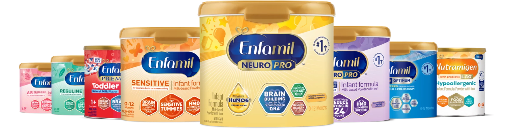 Enfamil A.R.™ Infant Formula with Added Rice, Enfamil® Reguline® Infant Formula, Enfagrow® PREMIUM Toddler Nutritional Drink - Natural Milk Flavor, Enfamil® Sensitive Infant Formula, Enfamil® NeuroPro™ Infant Formula, Enfamil® NeuroPro™ Gentlease® Infant Formula, Enfamil Enspire™ Optimum Infant Formula, Nutramigen® with Probiotic LGG® Hypoallergenic Infant Formula