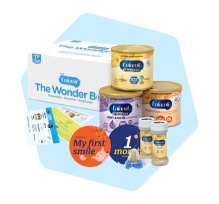 Enfamil Wonder box contents including sample cans of Enfamil NeuroPro Infant, Enfamil NeuroPro Gentlease, Enfamil Sensitive, Enfamil NeuroPro Nursettes, Belly Badges, coupons and a baby bottle nipple
