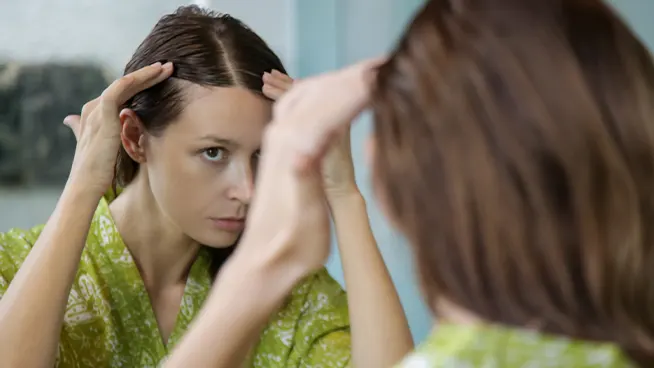 Woman looking at thinning hair in the mirror