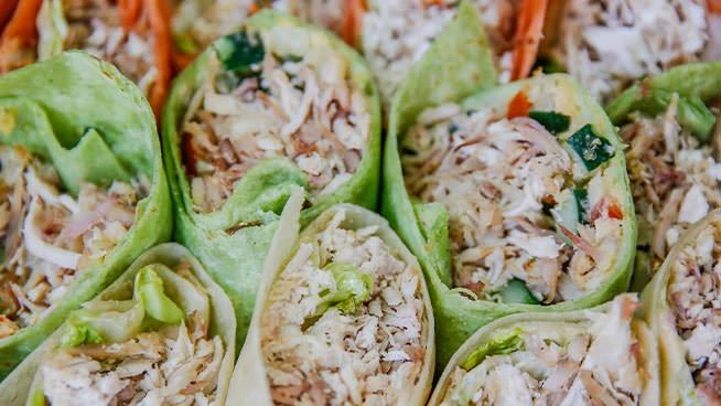 Close up of tuna rice paper rolls