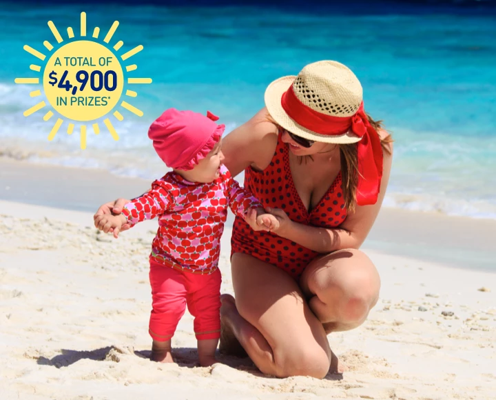 Mom and baby on beach and A total of $4,900 in prizes