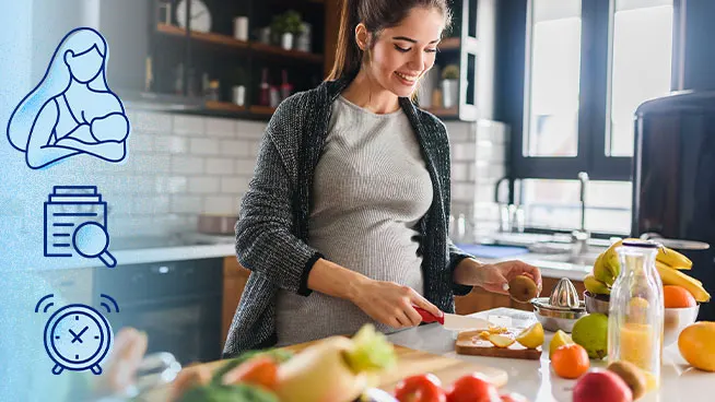 Pregnant woman preparing a meal of fruits