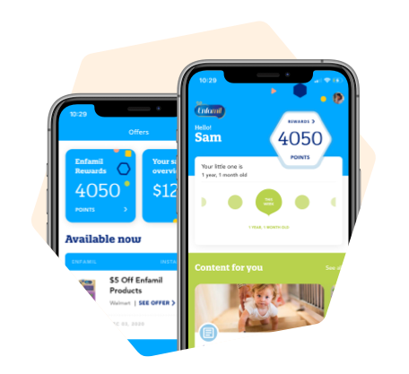 Two screenshots of the Enfamil App showcasing the home screen and the offers screen