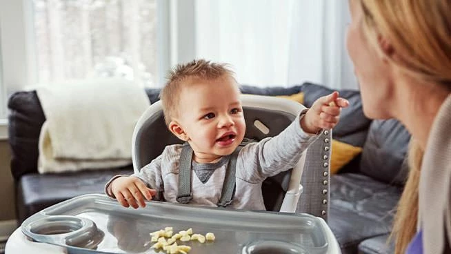 Toddler in a high chair offering food to mom
