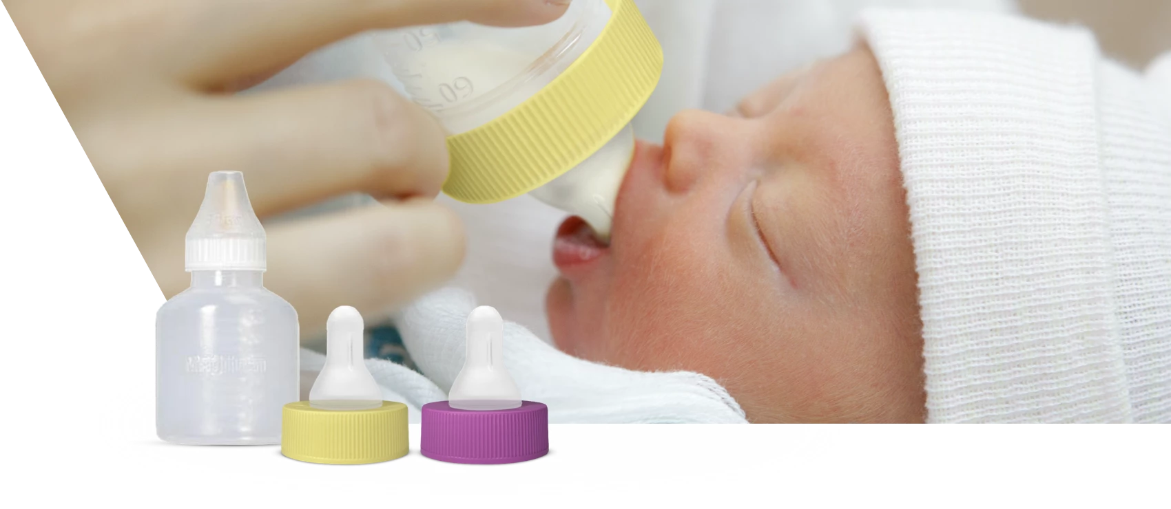 Newborn baby drinking from a bottle; Enfamil Accessories product lineup
