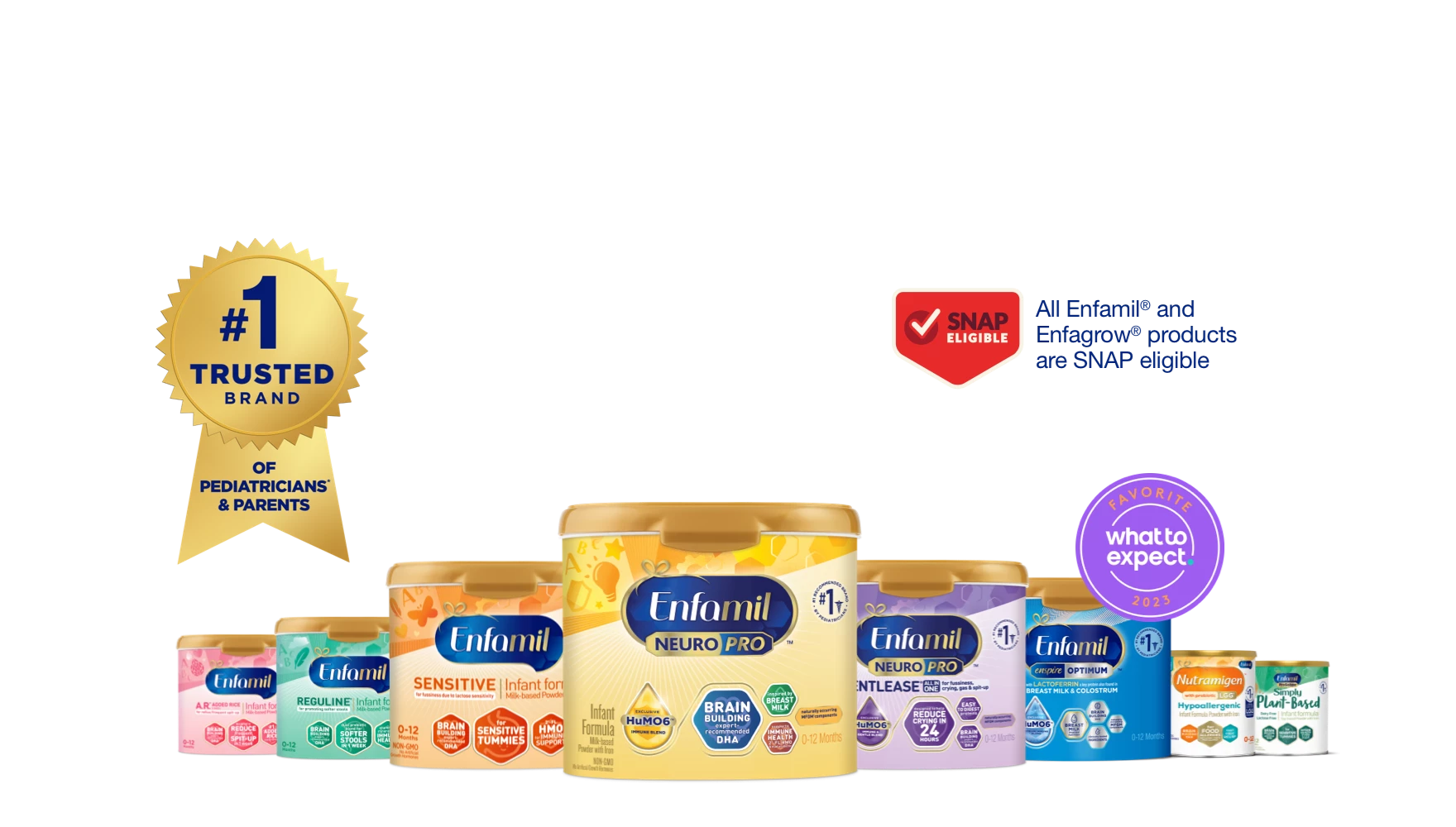 Lineup of Enfamil Family of Formulas that are #1 trusted brand of pediatricians and parents, as well as all Enfamil and Enfagrow products are SNAP Eligible, and a 2023 What to Expect Favorite