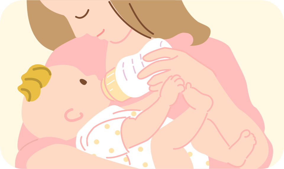 Illustration of a woman feeding a baby with a bottle in the cradle position.