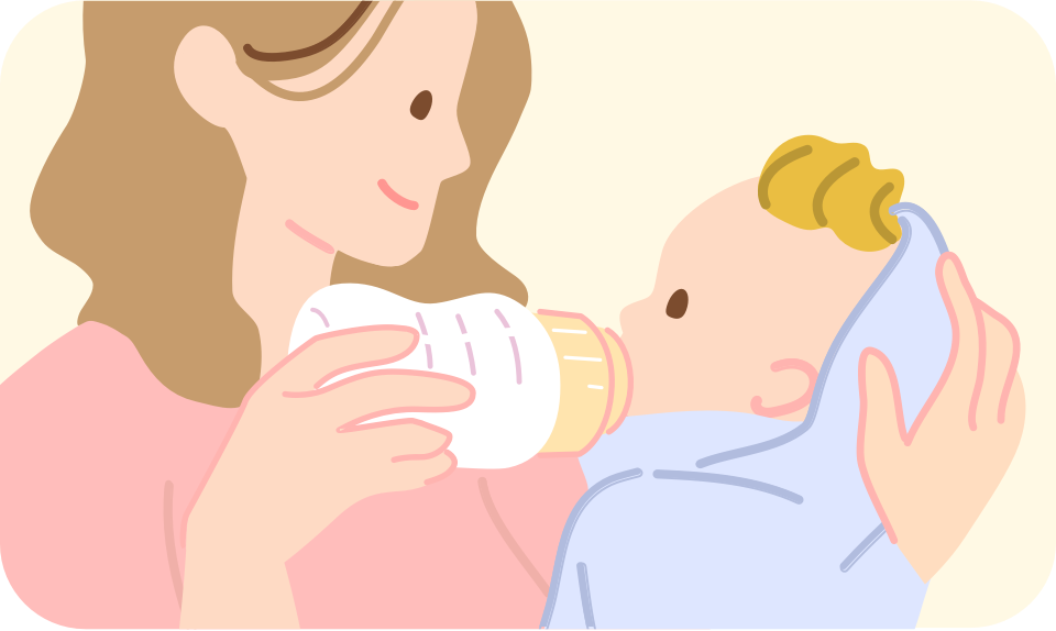 Illustration of a woman feeding a baby with a bottle in the sitting up position.