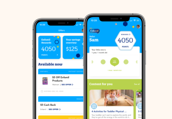 Close up of two phones showing features of the Enfamil app